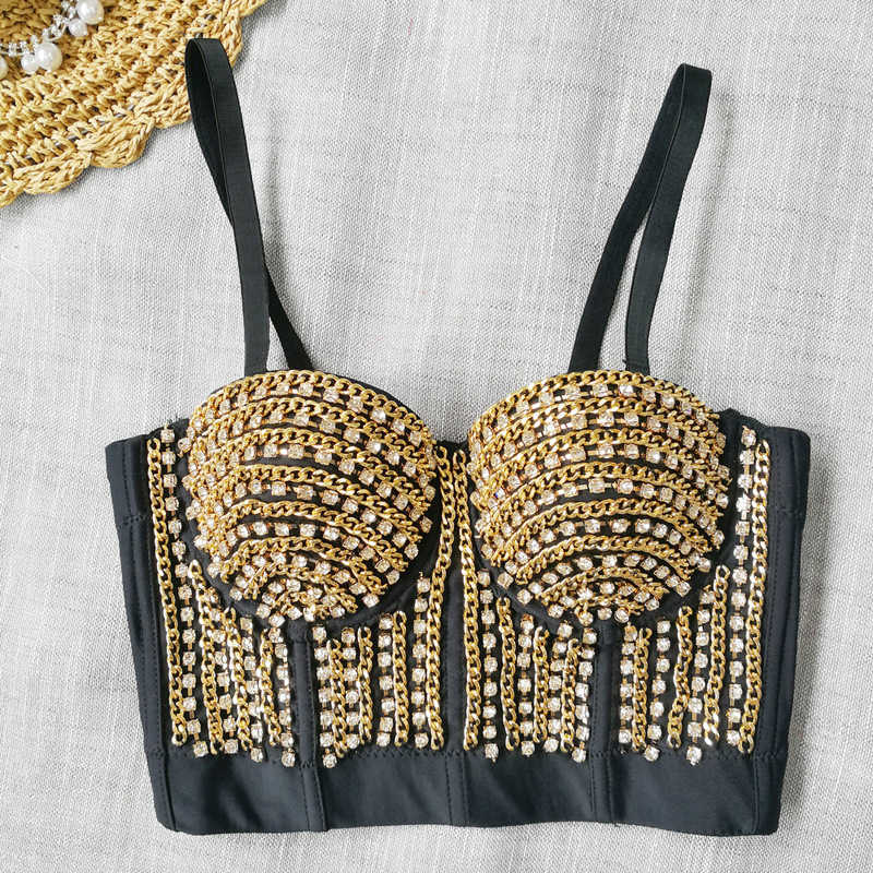 

Shining bright diamond shaped top with heavy metal decoration small sling windfish bone bra for women, Gold chain with black background