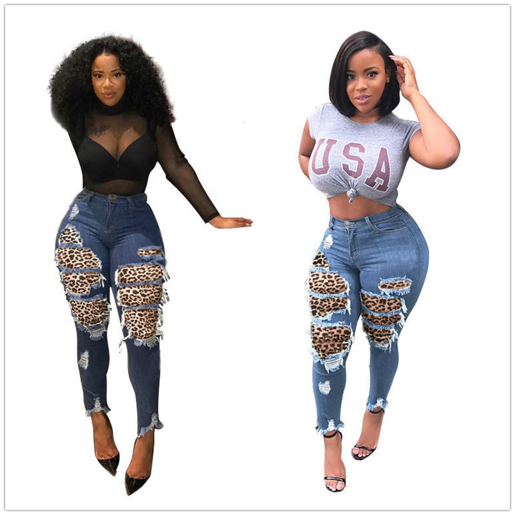 

Women  Jeans Fashion Trouser High Waist Hole Leopard Stitching Street Trendy Skinny Denim Pencil Pants  3XL 221206, Dark blue