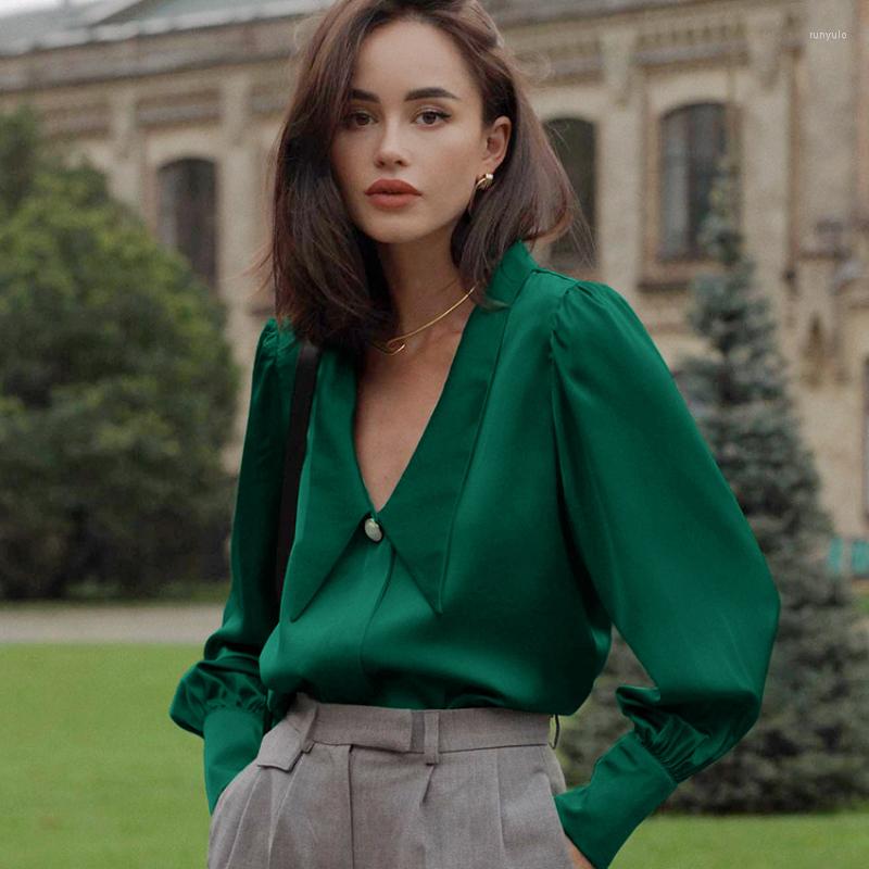 

Women' Blouses Fashion Vintage V-Neck Silk Blouse Office Solid Satin Shirt Top Loose Casual High Quality Long Sleeve Blusa 24316, Beige