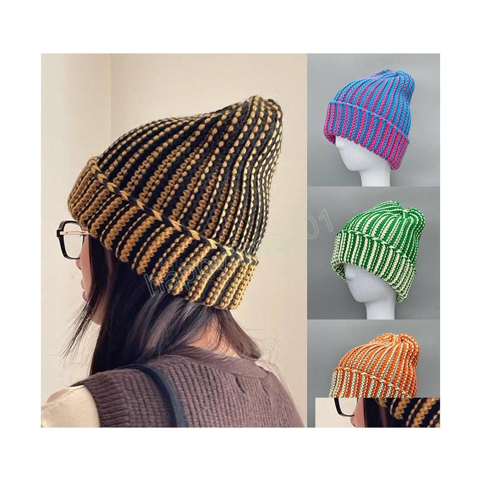 

Beanie/Skull Caps Color Contrast Knit Womens Hats Autumn And Winter Warm Ear Protector Hat Fashion Ins Personality Korean Beanies Ca Dh3Zw