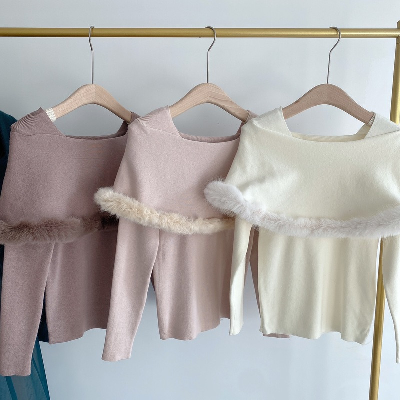 

Kuzuwata Winter Women Jumpers Japanese Temperament Pullover Fur Shawl Long Sleeved Slim solid Knit Sweater 221206, White