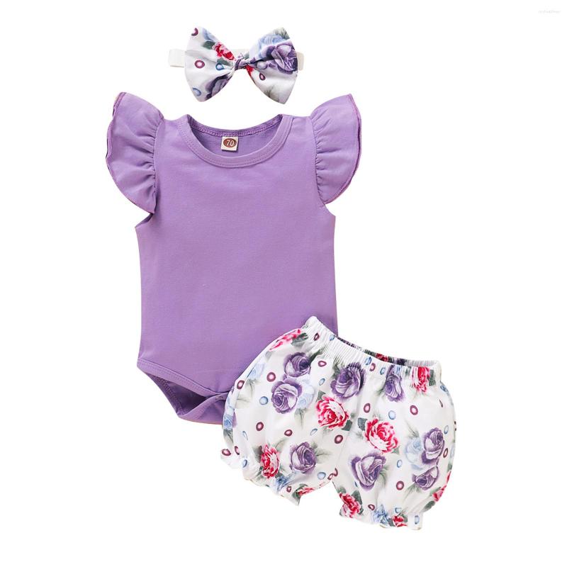 

Clothing Sets Baby Girl Summer Shorts Suit Solid Color -sleeve Crew Neck Jumpsuit Floral Print Bow Headband, Picture shown