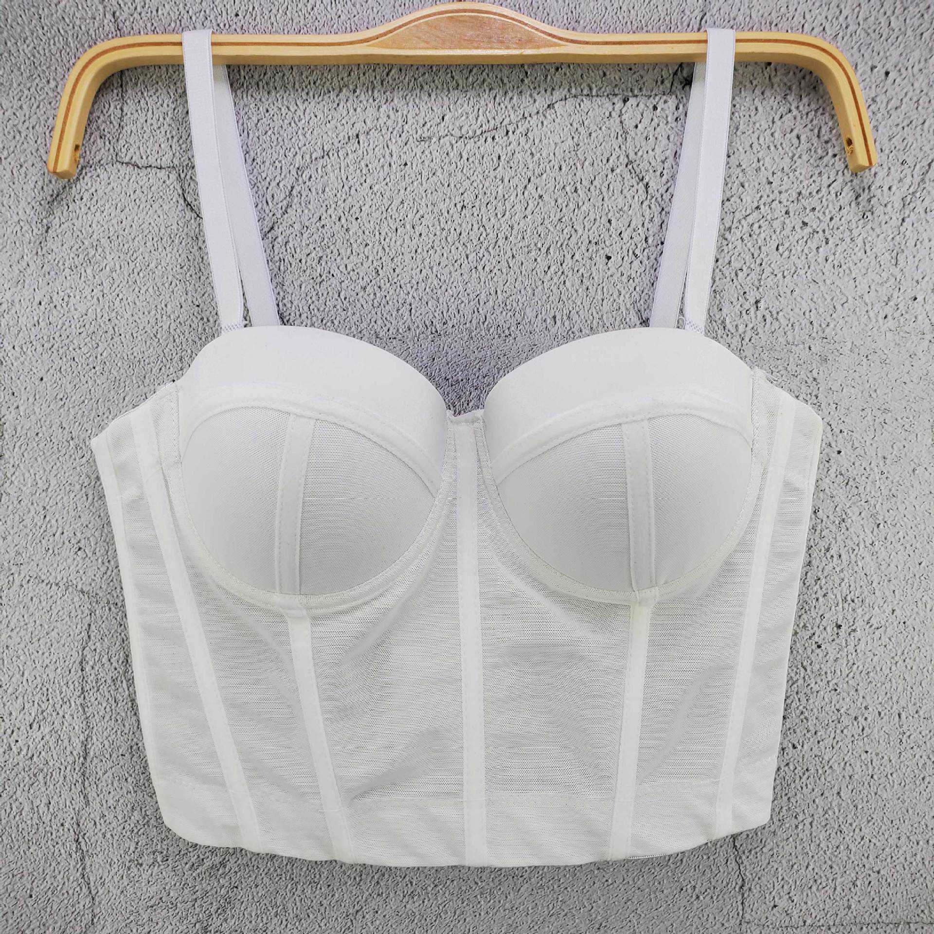

new line off shoulder solid color mesh small suspender vest design sense of slim short blouse women, White