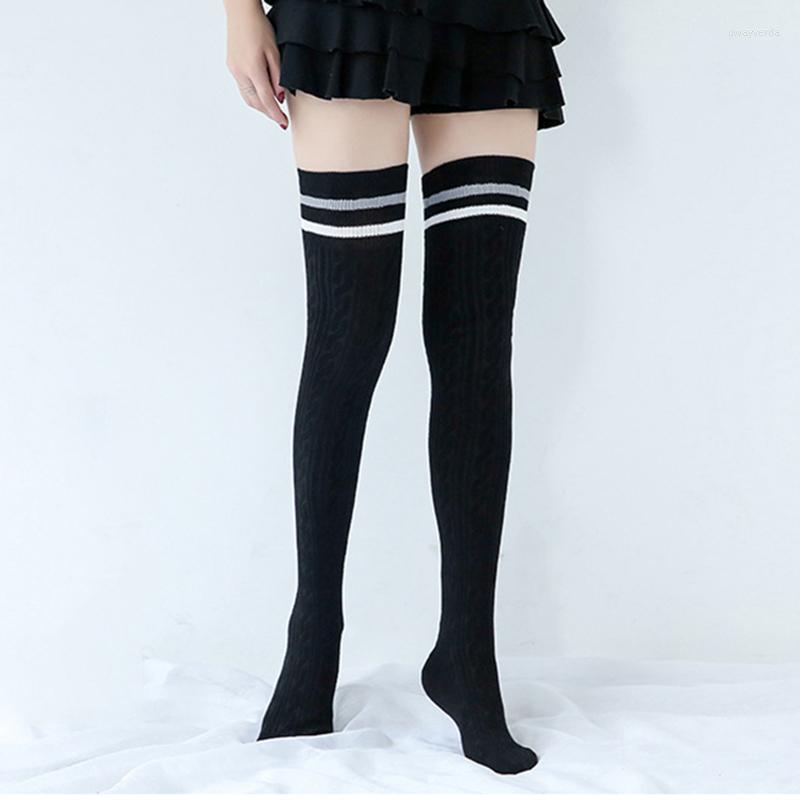 

Athletic Socks Women Thigh High Knitted Cotton Two Striped Pattern Long Fit For Female Autumn Winter Keep Warm Stockings, Black