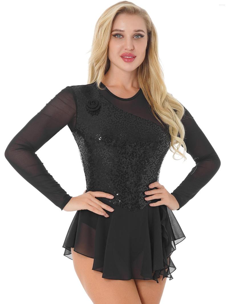 

Stage Wear Women Figure Skating Dress Sequins Gymnastics Workout Ballerina Costumes Mesh Patchwork Dancewear For Dance Competition, Black