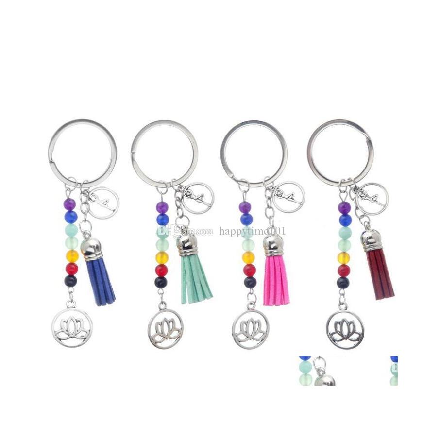 

Keychains Lanyards Tassel Lotus 7 Chakra Natural Stone Beads Reiki Key Chain Ring Keychains For Men Women Family Kids Gift Keychai Dhhjk