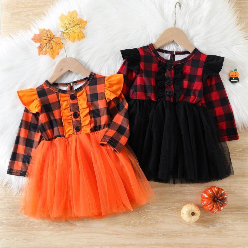 

Girl Dresses Baby Birthday Outfit Toddler Girls Long Sleeve Ruffles Plaid Prints Tulle Princess Dress Pleated Short, Black