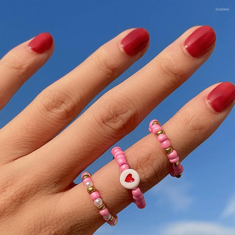 

Wedding Rings Trendy Vintage Geometric Round Beach Pink Rice Bead Resin Acrylic Heart Metal Beaded Ring For Women Combination Jewelry Gift