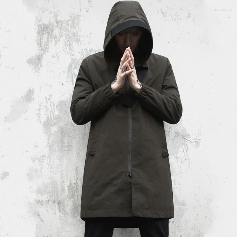 

Men's Trench Coats Bomber Army Green Jacket High-Street Hip Hop Coat Man Zipper Windbreaker Men Hooded Mens Long Casual Outerwear M