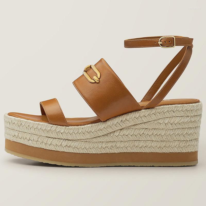 

Sandals MKKHOU Fashion Women High Quality Leather One-line Buckle Woven Platform Flat Shoes Summer All-match Open, White