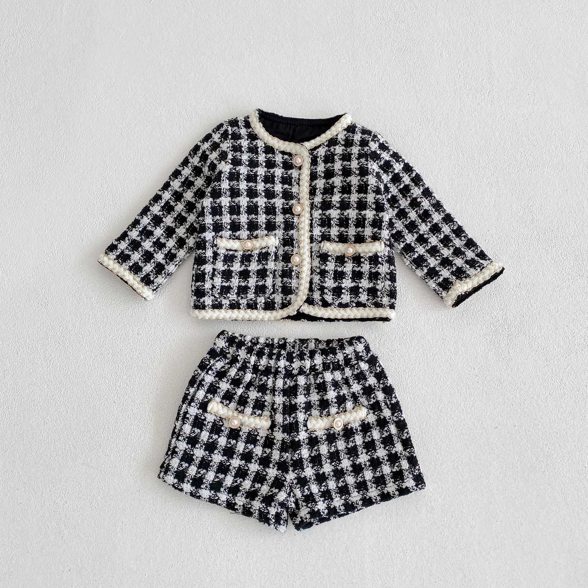 

2023 spring Girls plaid princess sets baby kids long sleeve lattice outwear with shorts 2pcs lady style children woolen outfits A9460, Customize