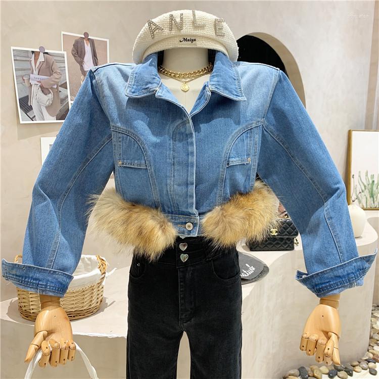 

Women's Jackets Streetwear Fashion Fur Splice Denim Coat Loose Single-breasted Lapel Crop Puffer Jacket Women Sacos De Mujer Vestir Abrigo, Black
