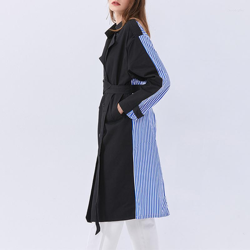 

Women's Trench Coats 2022 Spring Style Casual Lapel Lace Up Stripe Stitching Loose Windbreaker Medium Length Coat, Black