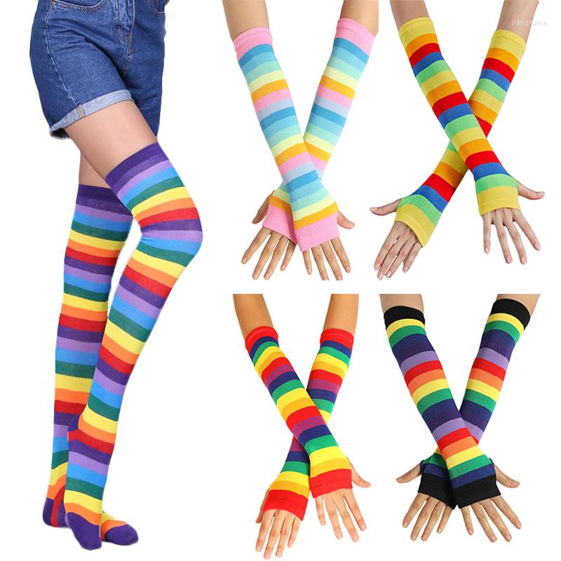 

Knee Pads Rainbow Stockings Cute Thigh Socks Dance Striped Arm Warmer Gloves Christmas Halloween Gift Women Cosplay Costume, Navy blue