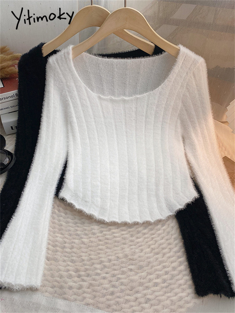 

Women s Sweaters Yitimoky O Neck Crop Sweater for Women Fall Winter Korean Fashion Slim Elegant Jumpers Office Ladies Long Sleeve Pullovers 221206, White