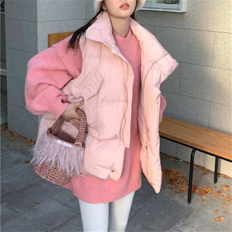 

Women's Vests HziriP Winter Cotton Sleeveless Jackets Women Warm All Match 2022 Slim Office Wear Gentle Solid Loose Chic Casual Coats, Pink