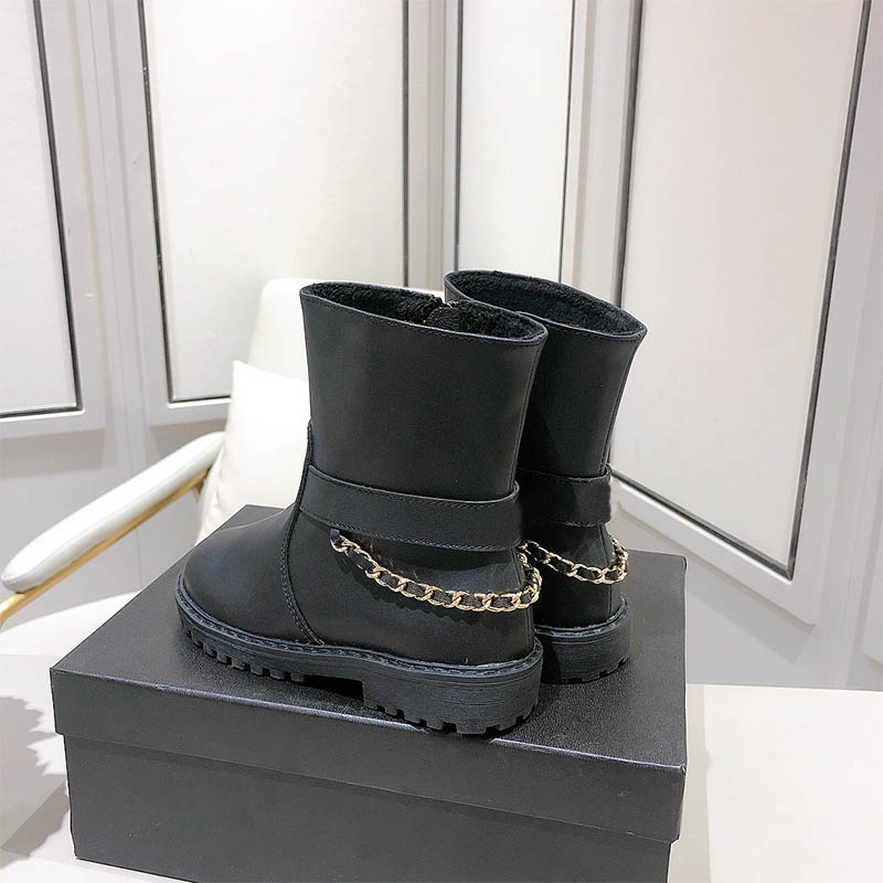 

Designer Kids Sneakers Boot Black Leather with fleece Lined Booties Winter Warm Gold Metal Chain Shoes with Original Box EU26-35, Long boot with gold chain