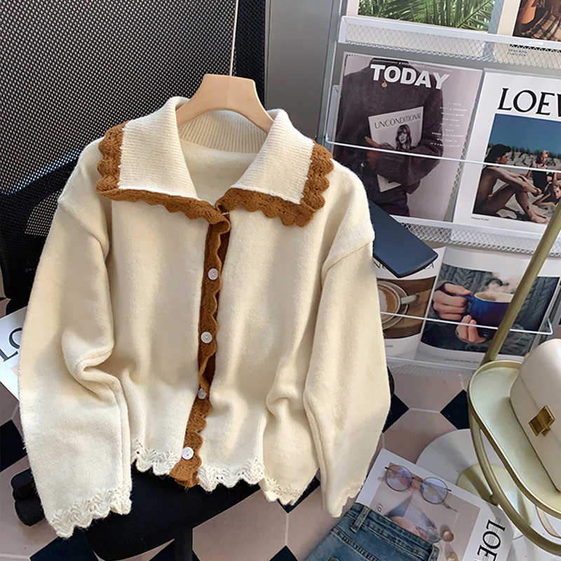 

Women  Knits Tees High Quality Short Peter Pan Collar Knitted Coats Autumn Winter Sweaters Jackets Long Sleeve Wavy Edge Women Cardigan 221206, Creamy-white