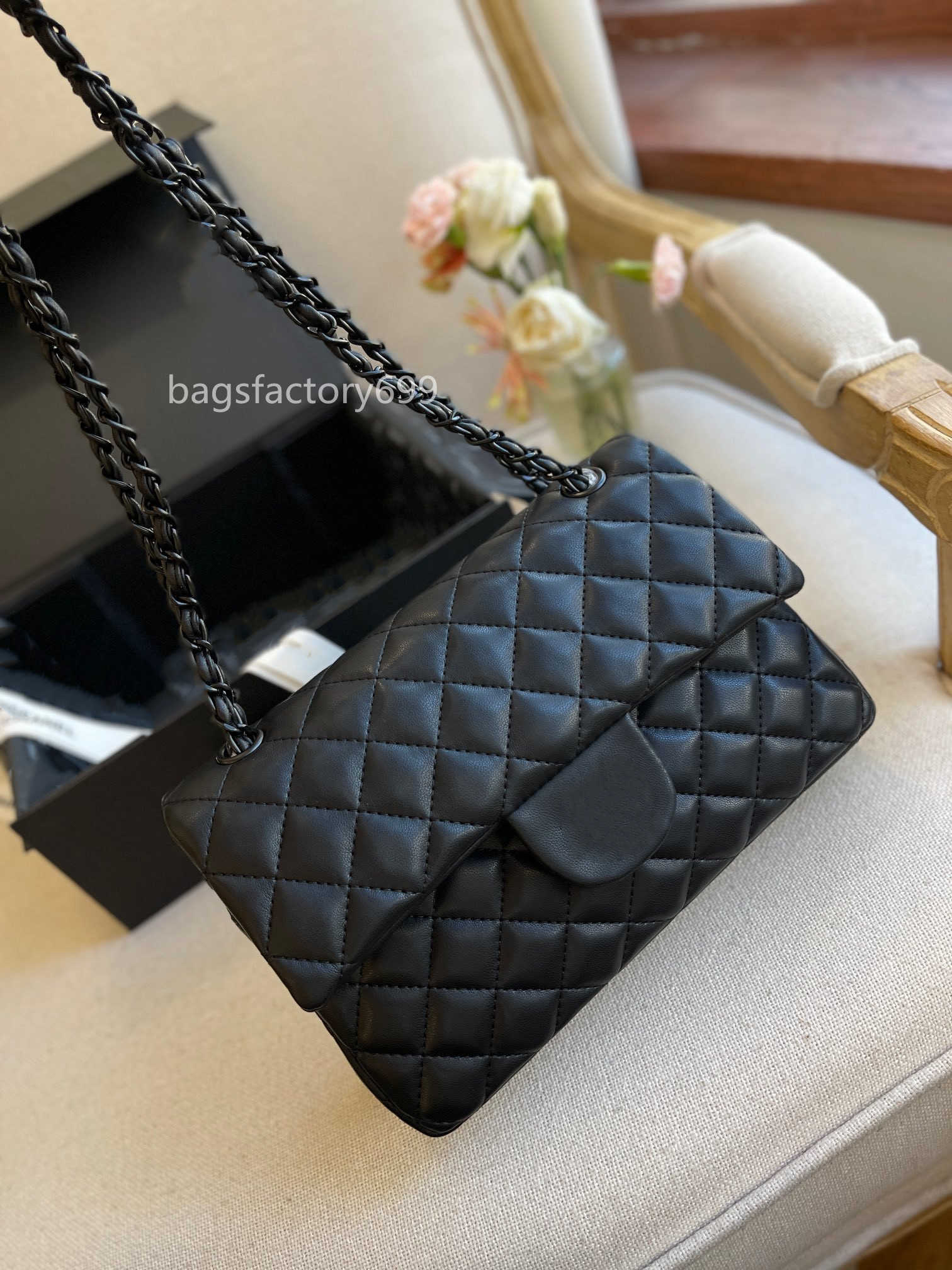 

CC Bag Wallets Retro All Black Women Fashion Designer Dark Wind Diamond Plaid Quilted Leather Sheepskin Pattern Chain Classic Flap Shoulder, Box