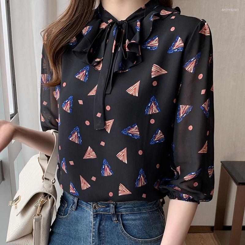 

Women' Blouses Early Spring Women Shirt Floral Chiffon Top Thin Long-sleeved V-neck Bow Fashionable Blusas Mujer De Moda 2022 Verano, Black