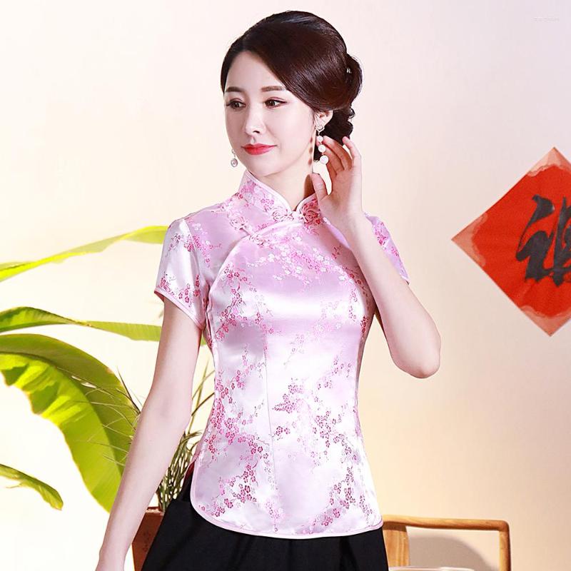 

Ethnic Clothing Short Sleeve Blouse Female Stain Flower Shirt Chinese Style Handmade Button Tang Novelty Tops For