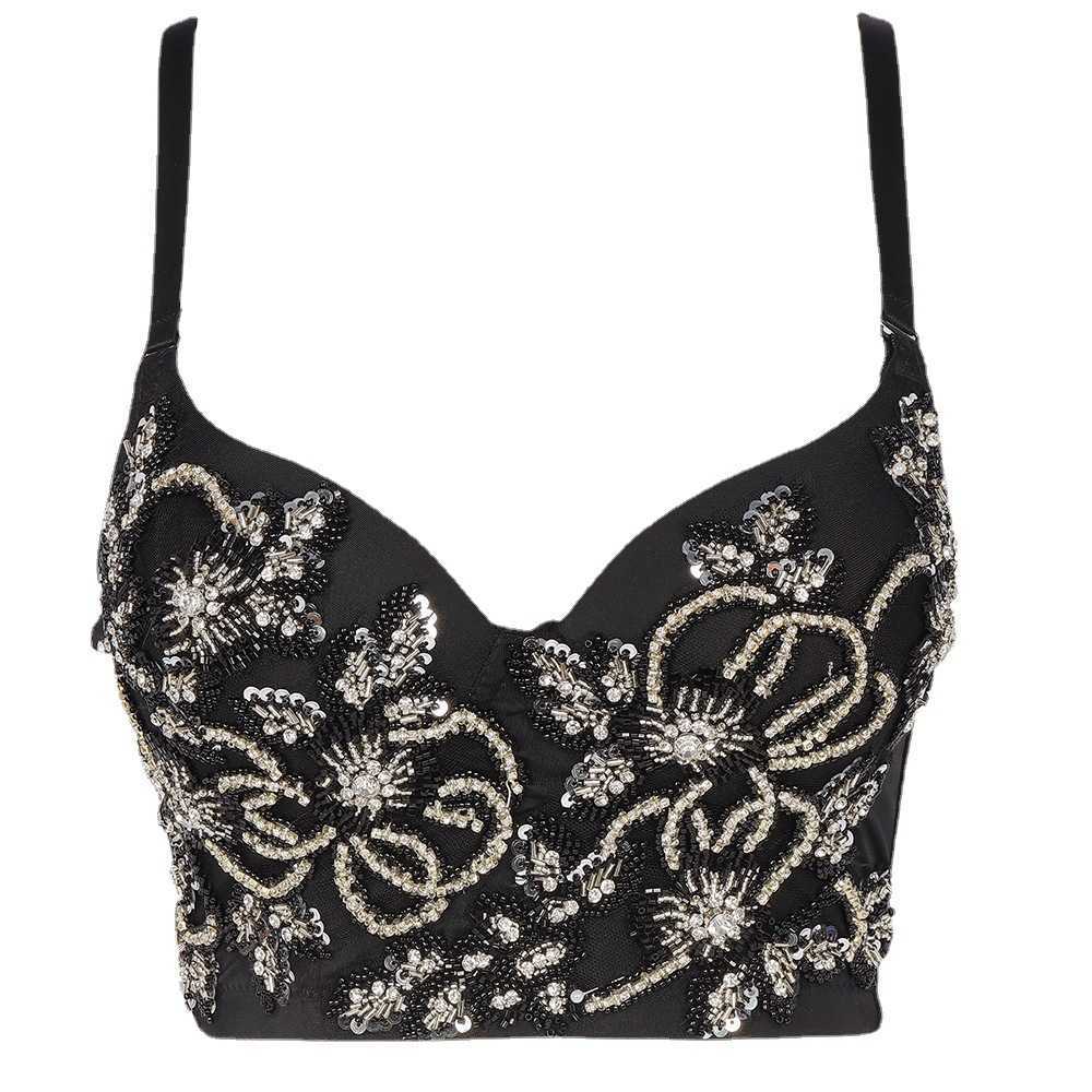 

Nail bead sling sexy hot girl bright diamond short bra exposed navel outer Vest Top Women, Black silver on black background
