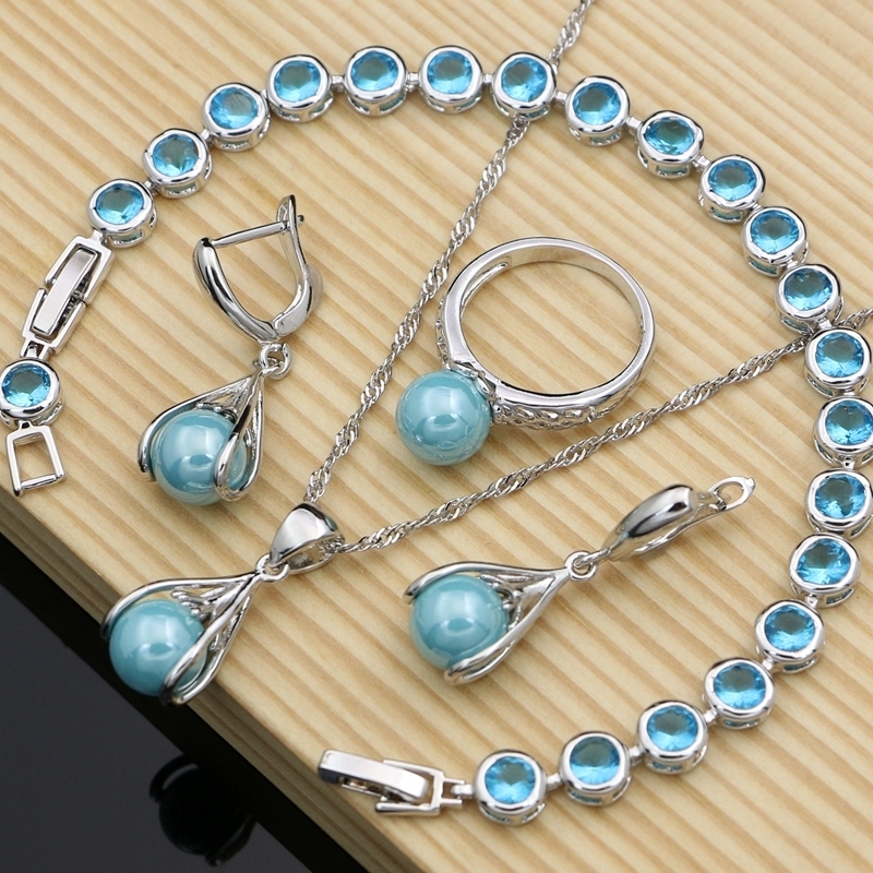 

Pendant Necklaces Blue Pearl Costume Jewelry Sets Fashion 925 Silver Jewelry Kits Wedding Bridal Stones Bracelet Necklace Set Ladies Gift 221206
