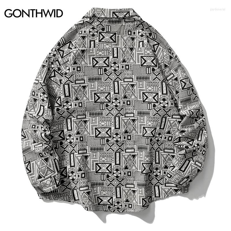 

Men's Casual Shirts Hip Hop Thick S Streetwear Mens Geometric Pattern Long Sleeve Button Up 2023 Harajuku Loose Male, Black