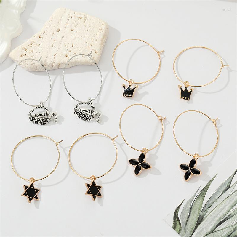 

Hoop Earrings 1 Pair Of Large Circle Retro Drip Oil Four-Leaf Clover Metal Hexagram Crown Pendant Earring Jewelry