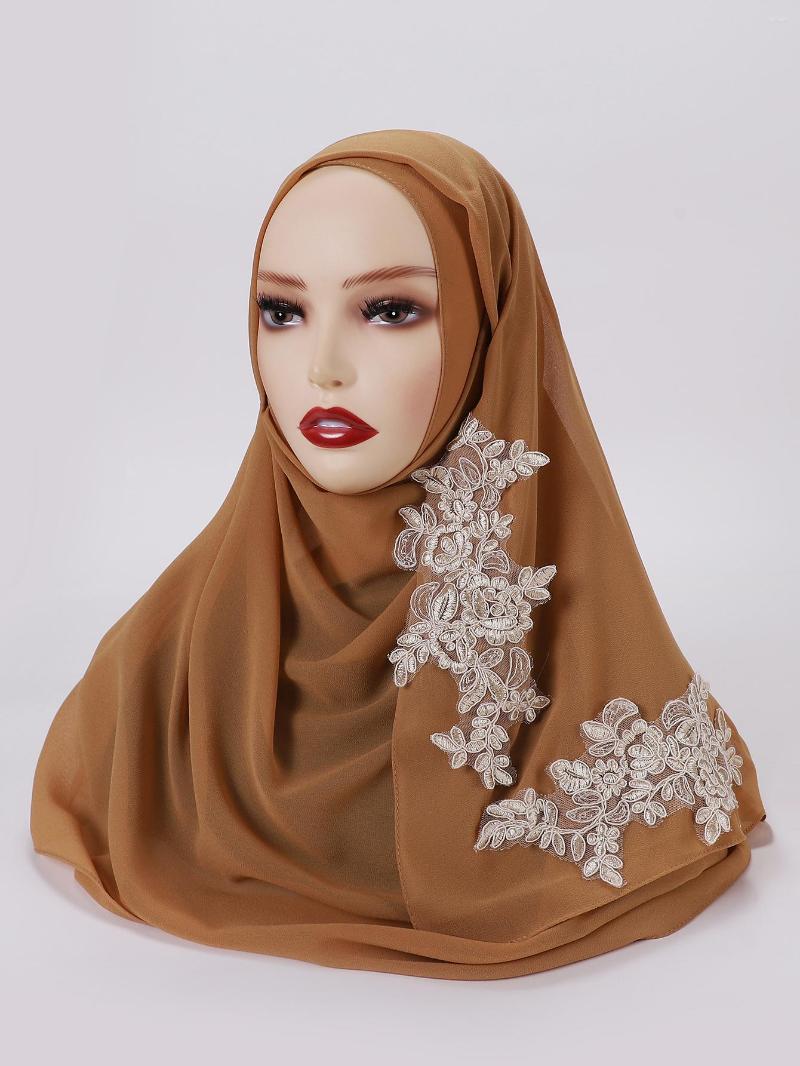 

Scarves Custom Embroidered Lace Hijab Fshion Scarf Muslim Shawl Plain Soft Turban Head Wraps Headband Foulard Wedding