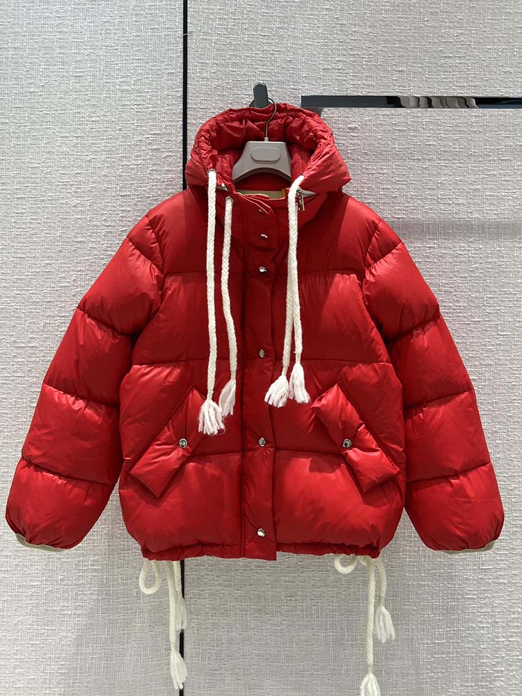 

Women Down Jacket with Hood Winter Designer Vintage Red Color Lace Up Hooded Coat Women's Lantern Sleeve Straight Slim Clothes, Black