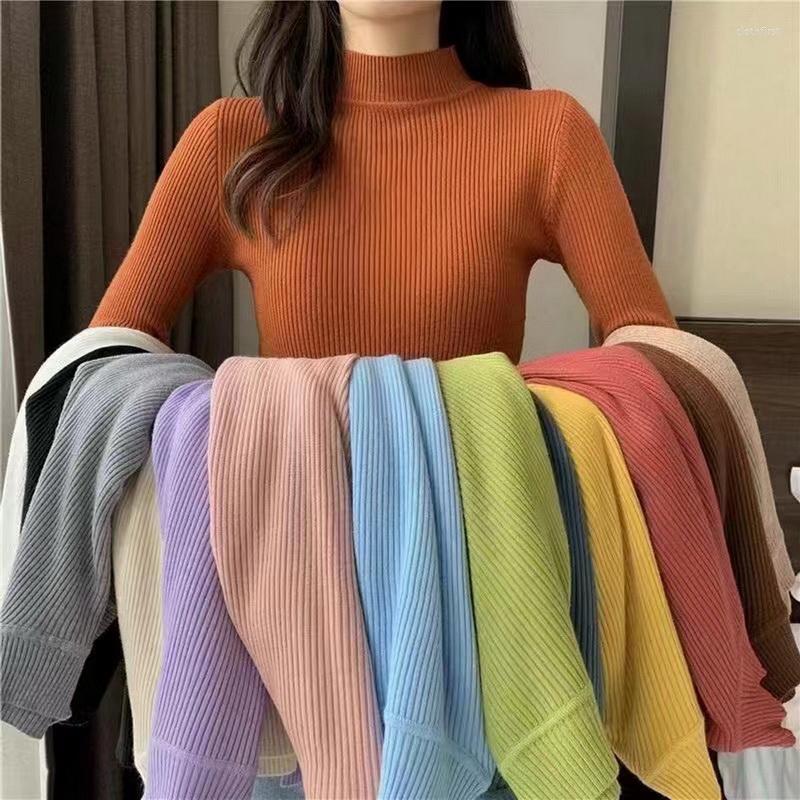 

Women's Sweaters Women Half High Collar Long Sleeve Knitted Pullover Winter Casual Slimming Basic Sweater Fashion Solid Bottom Shirt Stripe, Orange