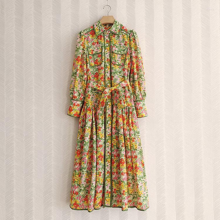 

Casual Dresses Yellow Green Color Floral Prined Women Long Dress Belt Sashes Turn-down Collar Party Loose