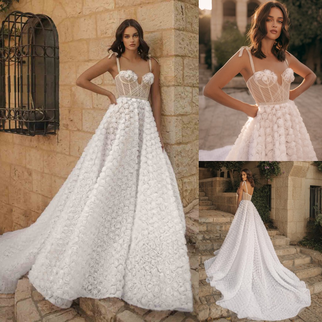 

Berta Ruffled Flowers Wedding Dresses Pleated Bridal Gowns Spaghetti Straps Neckline A Line Sweep Train Tulle Vestido De Novia, Light sky blue