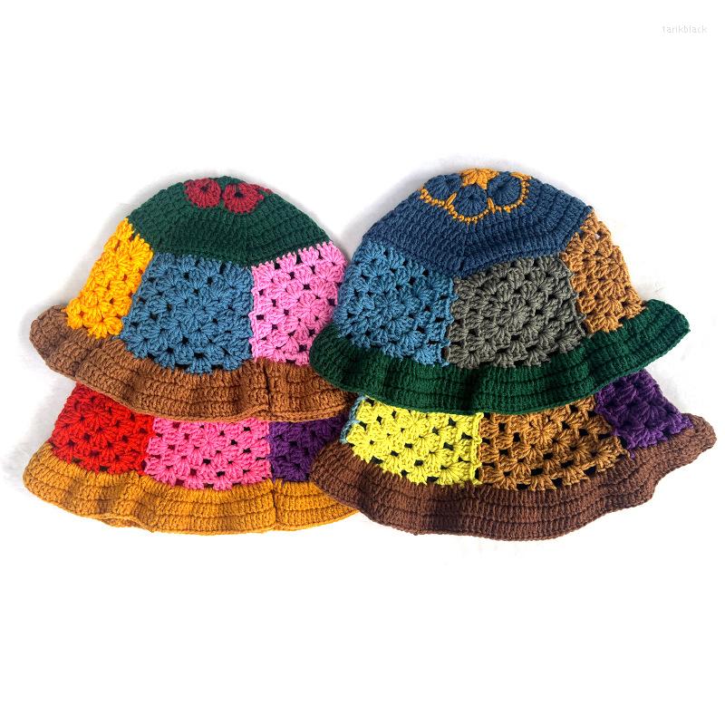 

Berets Diyalo Corloful Patchwork Floral Balaclava Handmade Knitted Fisherman Bucket Hat Chic Hand Woven Casual Streetwear Cap, Yellow
