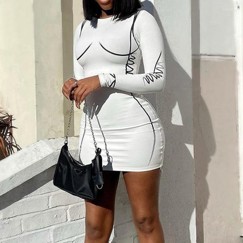 

Casual Dresses Spring Mini For Female O Neck Long Sleeve Print Bodycon Club Dress Streetwear Party White Ladies