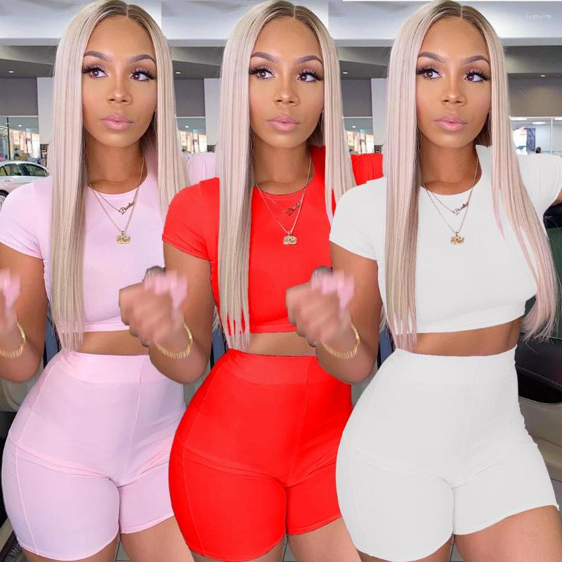 

Women' Tracksuits Summer Leisure Two-piece Set Of Solid Color Round Neck Slim Short-sleeved T-shirt Sports Motorcycle Shorts Matching Suit, Pink