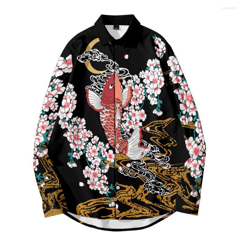 

Men' Casual Shirts Chinese Style Flower Shirt Japanese Men Hawaiian Long Sleeve Harajuku Loose Buttoned Turn-Down Collar Mens Clothing