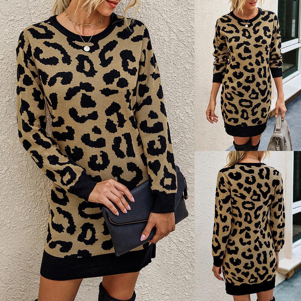 

Women' Sweater Winter Top Long Sleeve Mini Bodycon Sweater Dress Leopard Print Knit Pullover Soft Warm Pull Femme Ladies Loose Knitwear 221207, Grey