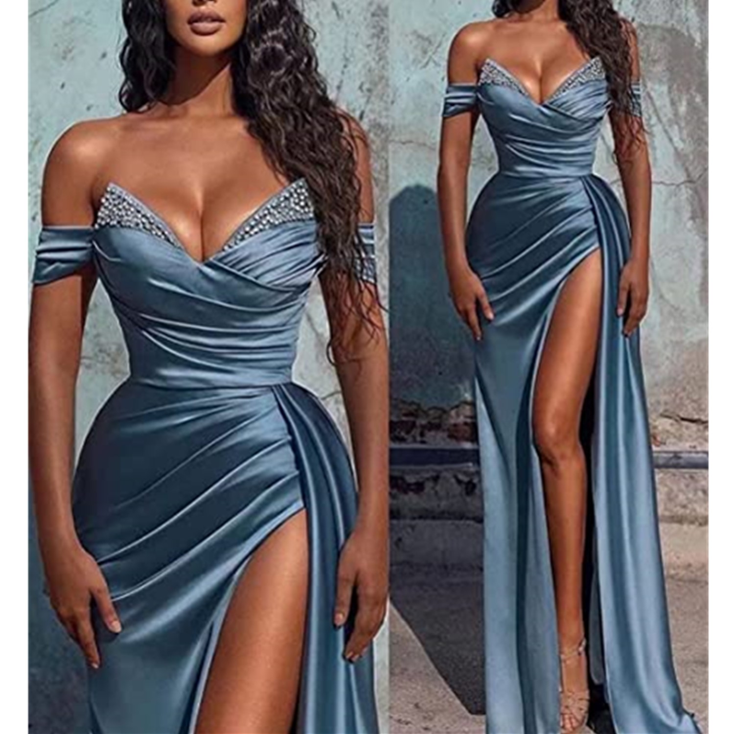 

2023 Elegant Off The Shoulder Satin Mermaid Evening Dresses Beaded Ruched High Split Sweep Train Formal Party Arabic Prom Dresses, Fuchsia