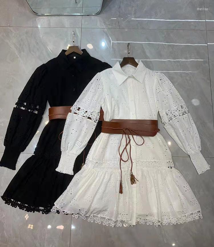 

Casual Dresses Hollow Out Single Breasted Women White Dress Lantern Sleeve With Belt Ruffles Lace Elegant Clothes