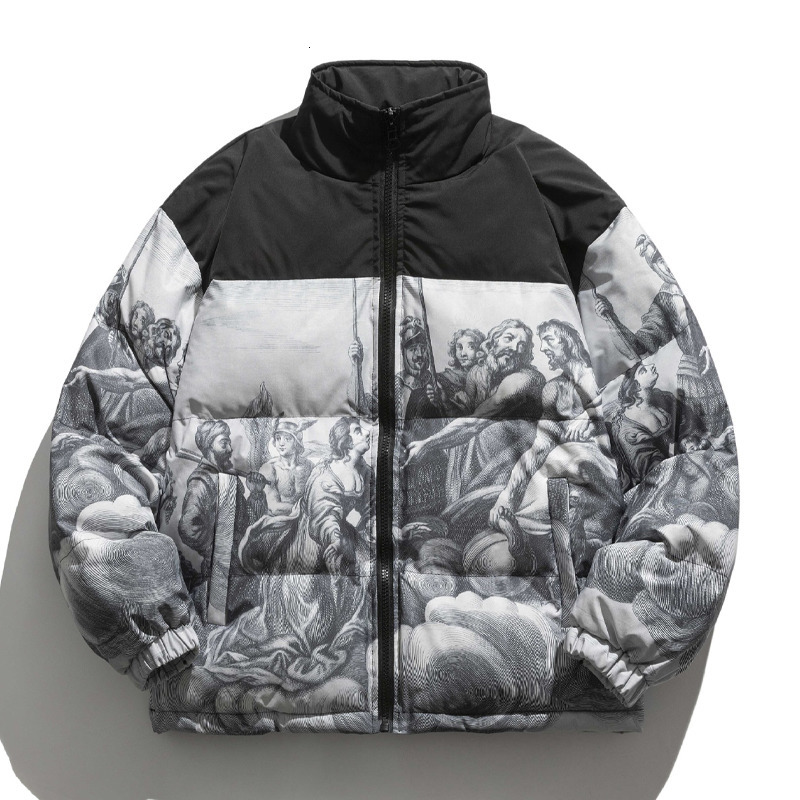 

Men s Down Parkas Men Vintage Thick Portrait Print Jacket Fashion Harajuku Casual Oversize Coat Winter Warm Couple Stand up Collar Outwear 221206, Black5