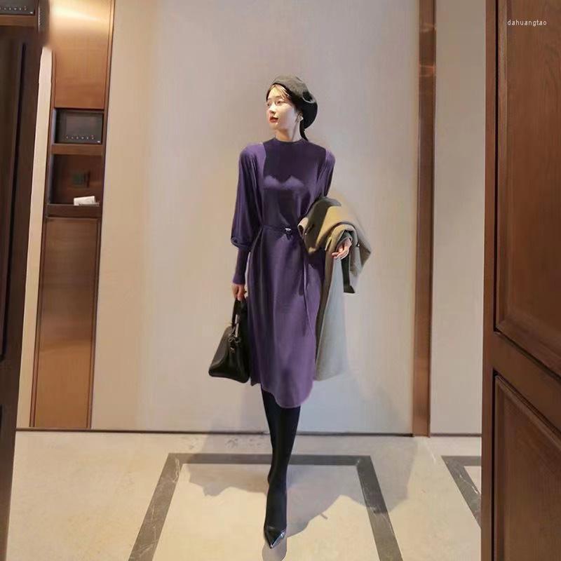 

Casual Dresses 2022 Autumn Spring Hollow Out Long Sleeve Sexy Women Knitted Dress Solid Color Feminine Mid-calf