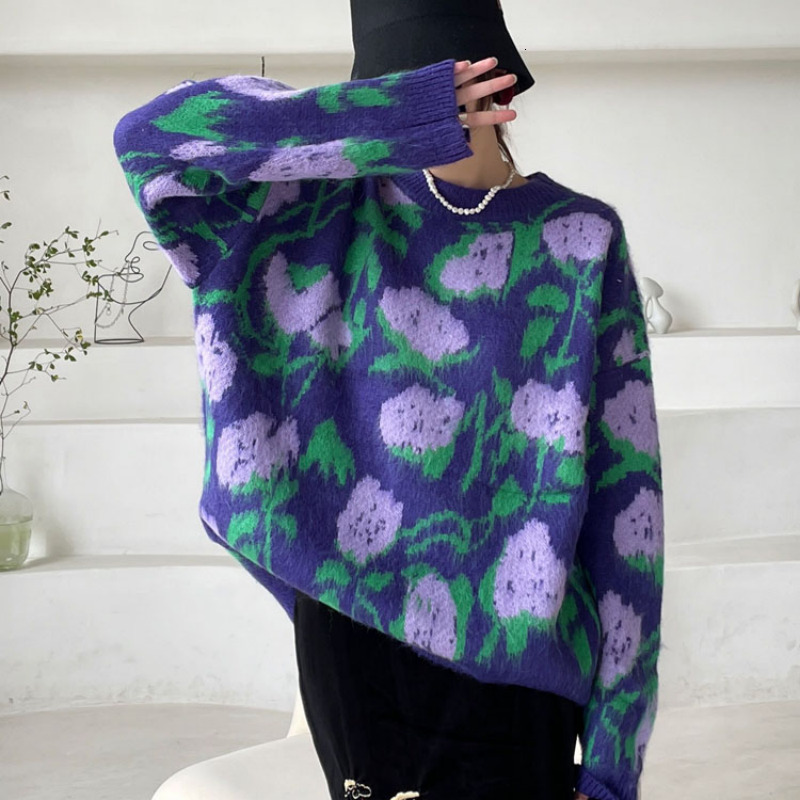 

Women s Sweaters Autumn Winter Pullover Women Fashion Casual Woman Pullovers Print Flower Jumper Warm Teen Gril 221206, Purple