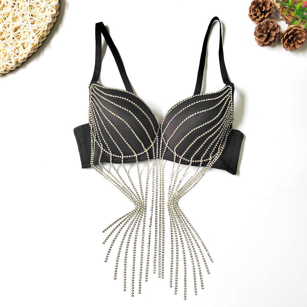 

Rhinestone tassel sling beautiful back bra nightclub stage style pure desire small bra, Black4