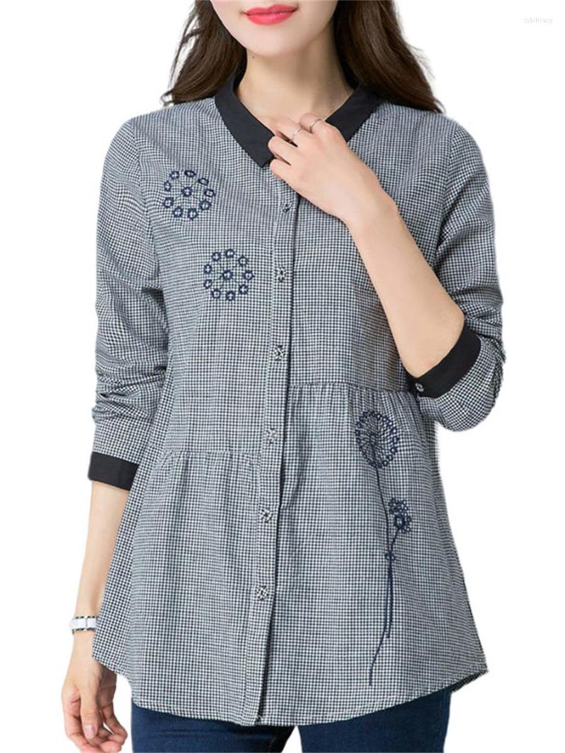 

Women's Blouses 4XL Women Summer Spring Shirts Lady Fashion Casual Long Sleeve Turn-down Collar Lattice Printing Blusas Tops WY0801, Black