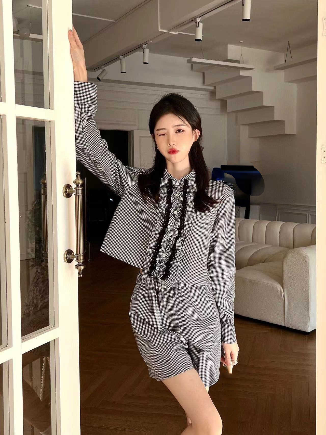 

Two Piece Dress 22 early autumn new classic thousand bird plaid ear shirt and shorts fashion suit, Black2