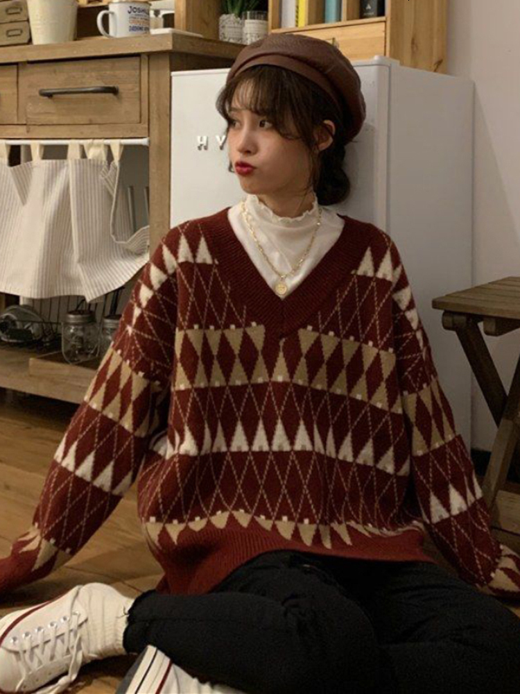 

Women's Sweater Vintage Argyle Korean All match Chic V Neck Ladies Pullovers Student Lazy Style Winter Womens Sweater 221207, Burgundy