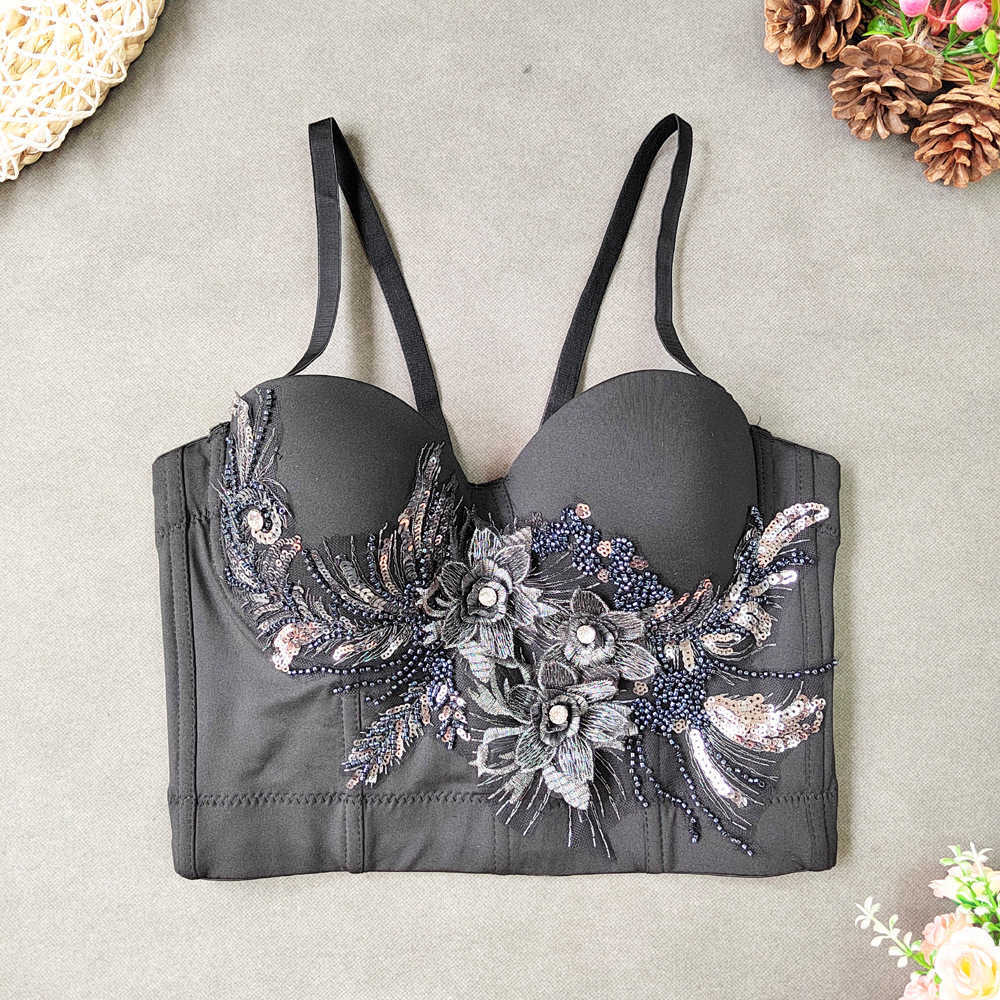 

New Embroidery Bead Sling Solid Elastic Elegant Spaghetti Fishbone Top, Black4