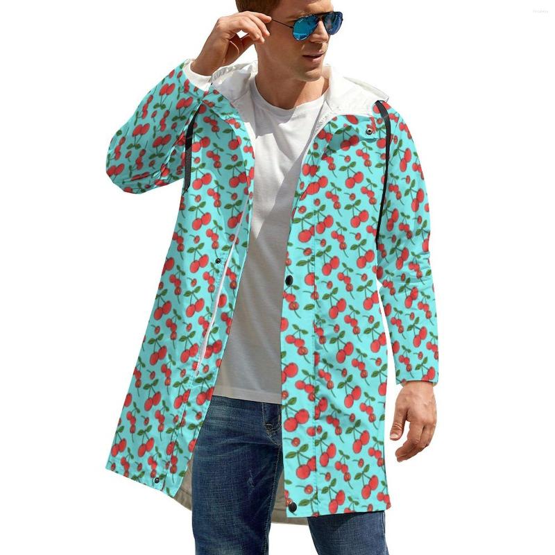 

Men' Trench Coats Retro Cherry Vintage Fruit Print Kawaii Casual Winter Jackets Men Long Windbreakers Graphic Big Size Zipper Clothes, Style-3